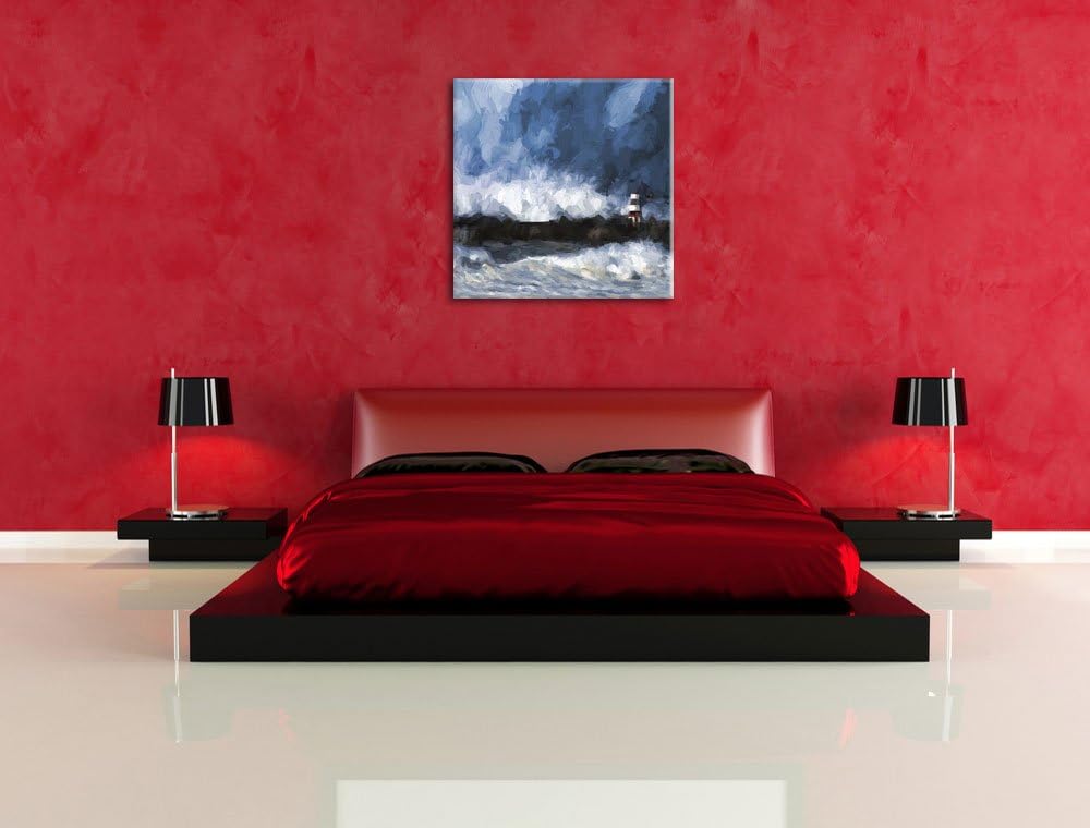 Pixxprint Tobendes Meer mit Leuchtturm als Leinwandbild/Grösse: 70x70 cm/Wandbild/Kunstdruck/fertig