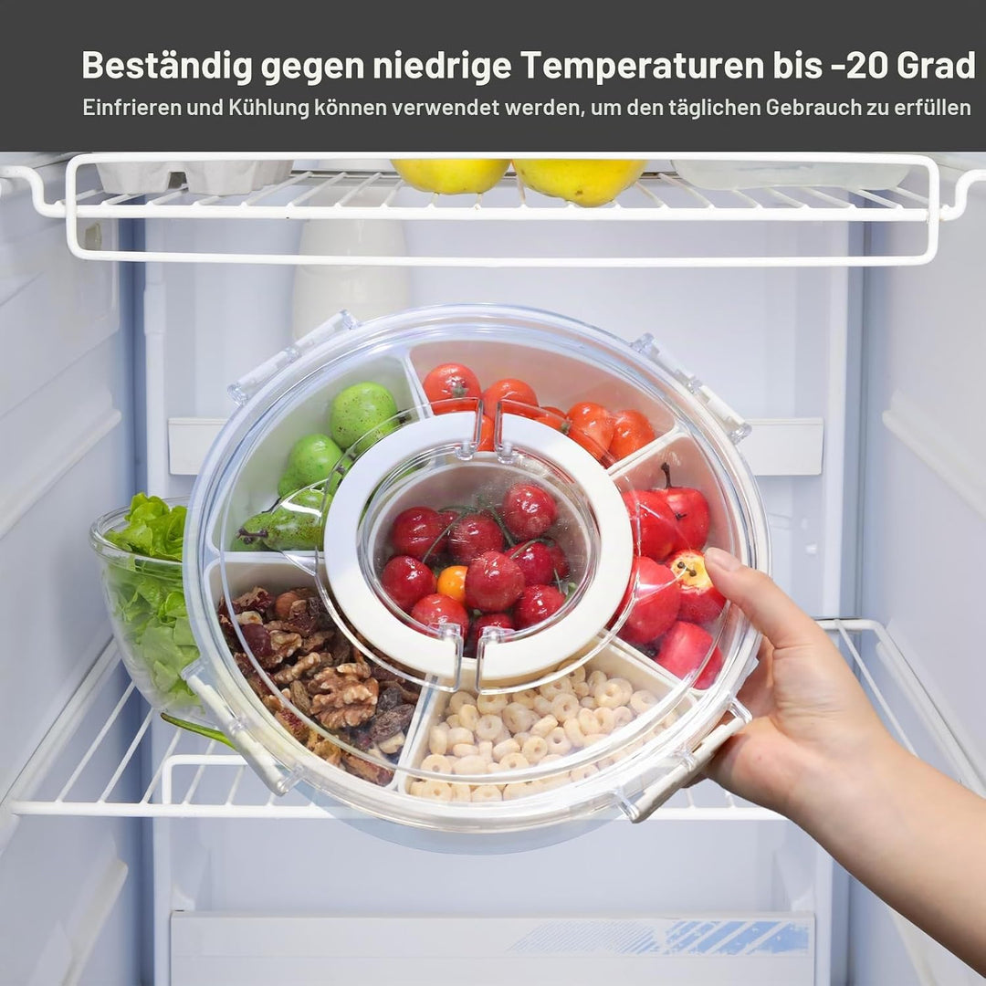 Cozary Rundes Snackbox Snackteller 27cm mit 6 Fächern und 360° Drehteller mit Deckel, PET+PP, ideal