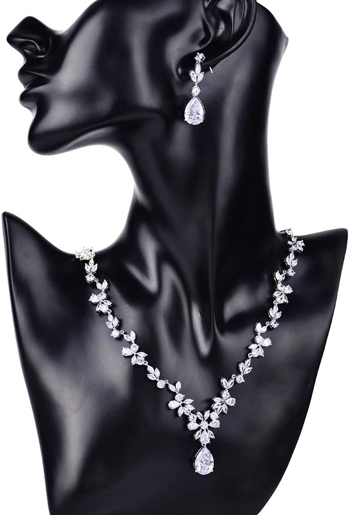 MASOP Silber Braut Schmuckset, Damen Hochzeit Schmuck Set, Blumen Ohrringe und Halskette mit Anhänge