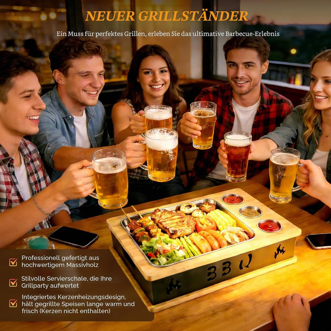 Warmhalteplatte Grillgut, Holz Speisenwärmer mit 304 Edelstahl Grillplatte und Dip-Schale, BBQ Fleis