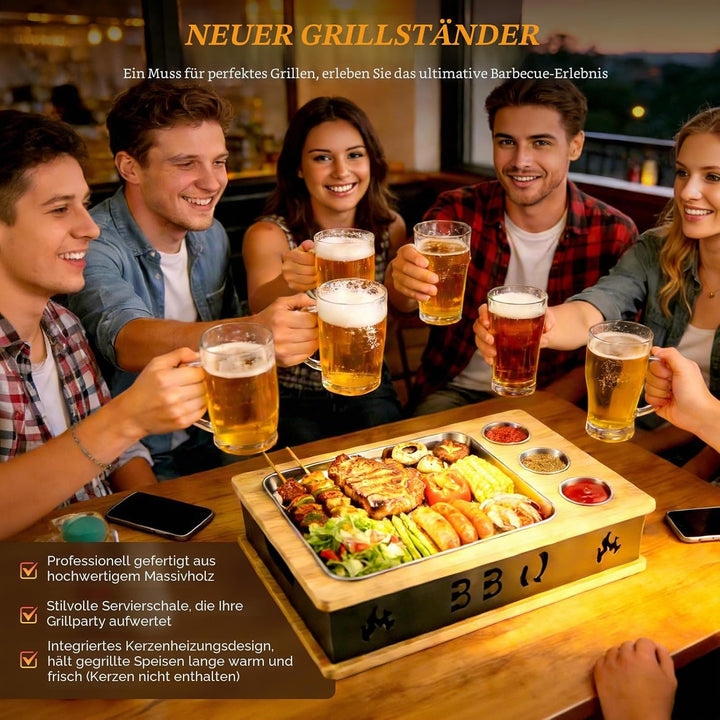 Warmhalteplatte Grillgut, Holz Speisenwärmer mit 304 Edelstahl Grillplatte und Dip-Schale, BBQ Fleis