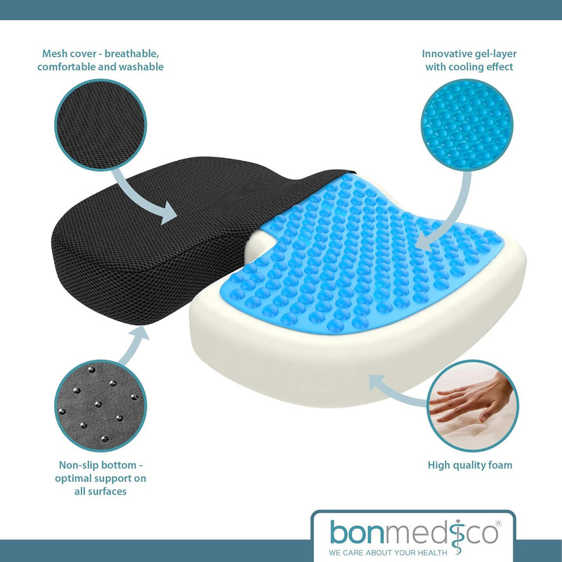 bonmedico Sitzkissen orthopädisch - Memory Foam Gel Steissbeinkissen - Ergonomisches Sitzkissen für