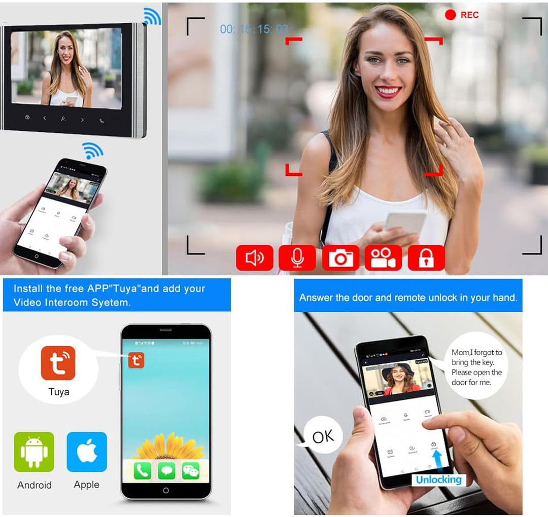 FTes RFKits WLAN Wireless Video Türsprechanlage,1080P Aussenkamera,7 Zoll Touchscreen Wireless Monit