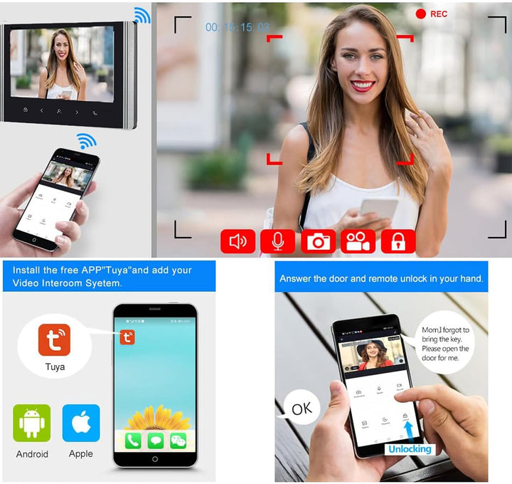 FTes RFKits WLAN Wireless Video Türsprechanlage,1080P Aussenkamera,7 Zoll Touchscreen Wireless Monit