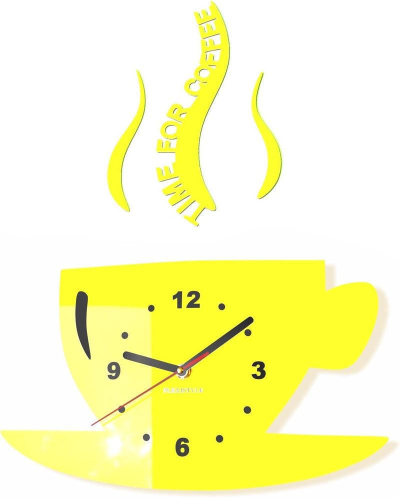 FLEXISTYLE Tasse Time for Coffee (Zeit für Kaffee) Moderne Küche Wanduhr, Zitronengelb, 3D römisch,