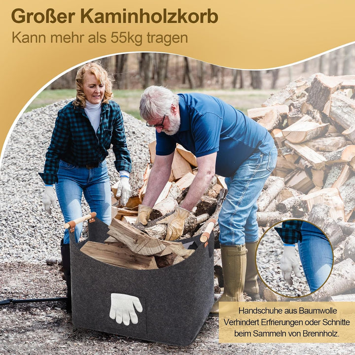 FINEW Holzkorb für Kaminholz 2er Set, Kaminholzkorb mit Handschuhen, Faltbarer Filztaschen aus Filz,