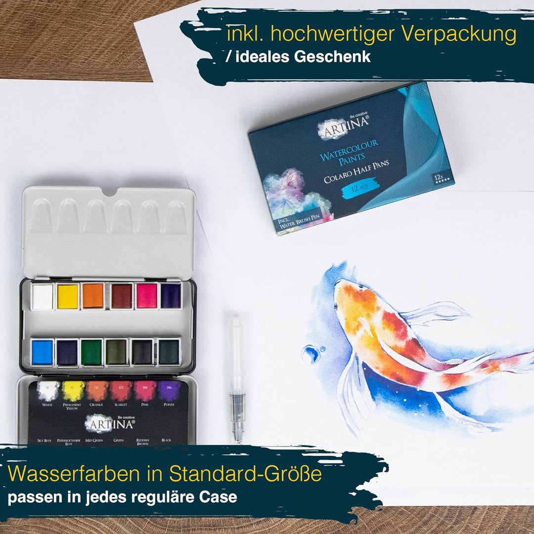 Artina Colaro Farbkasten Aquarellfarben 12 Set Wasserfarbe Malkasten Metallkasten mit Aquarell Palet