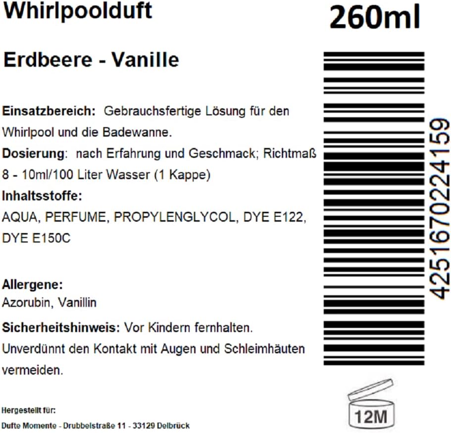 Dufte Momente | Whirlpool Duft 260ml | Erdbeere - Vanille | mit naturreinen und natürlichen ätherisc