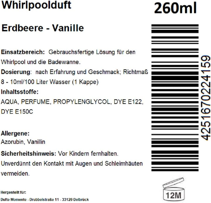 Dufte Momente | Whirlpool Duft 260ml | Erdbeere - Vanille | mit naturreinen und natürlichen ätherisc