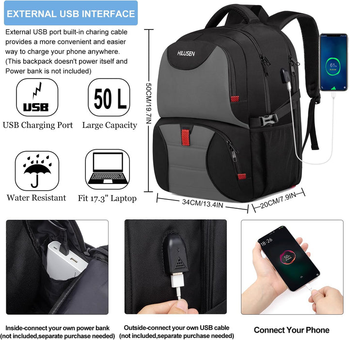 HILUSEN Extra grosser 50L Reise-Laptop-Rucksack für Herren, Lunch-Rucksack 17 Zoll, Diebstahlsichere