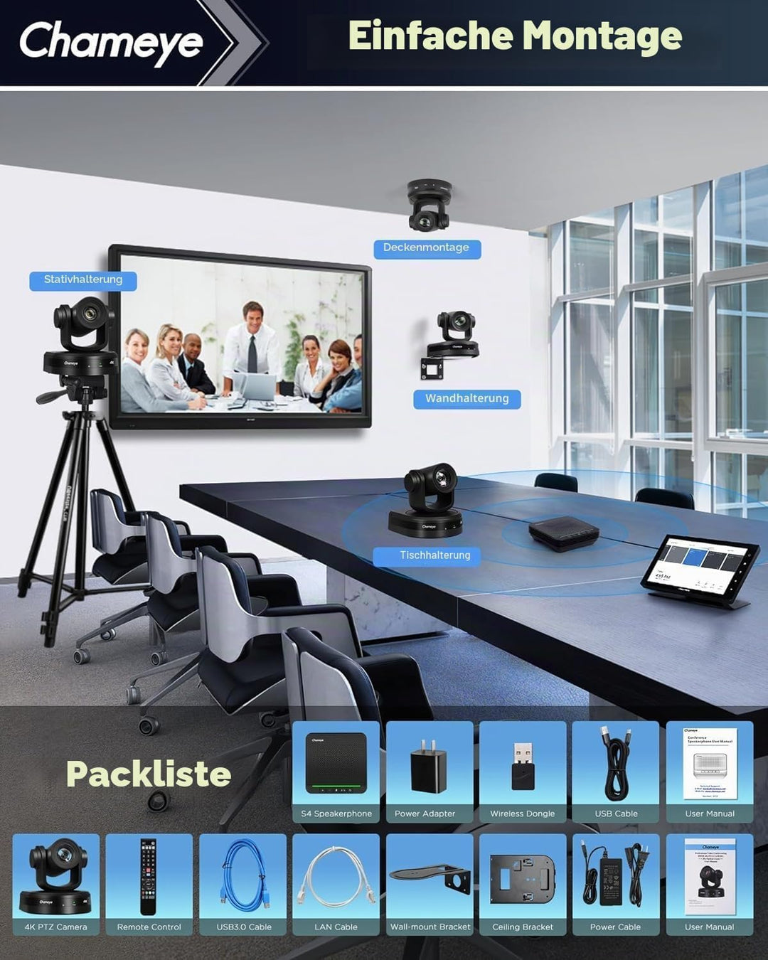 Chameye 4K 20x AI PTZ Konferenzkamera Set mit Bluetooth Konferenzmikrofon, 4K PTZ Kamera mit KI-Auto