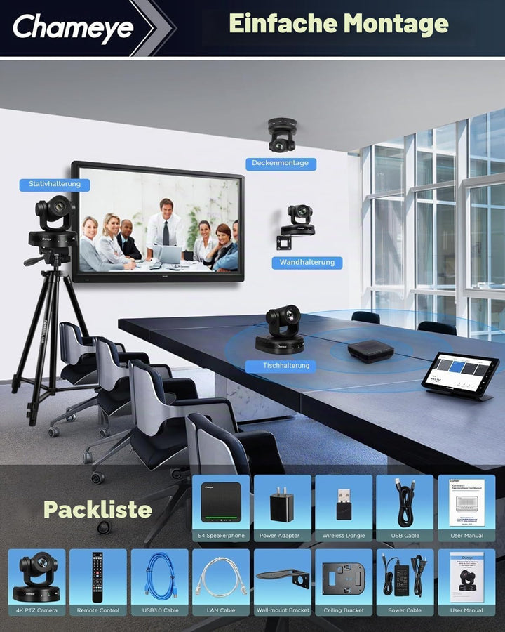 Chameye 4K 20x AI PTZ Konferenzkamera Set mit Bluetooth Konferenzmikrofon, 4K PTZ Kamera mit KI-Auto