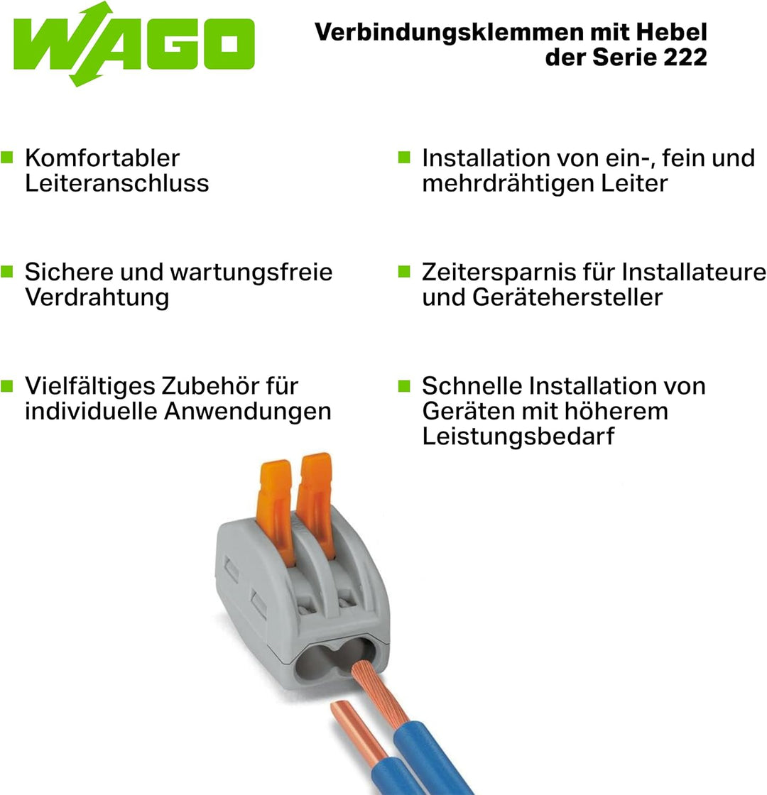 WAGO CLASSIC-Verbindungsklemmen 222-413 | 3 Leiter, bis 4 mm², 50 Stück, CLASSIC Kabelverbinder mit