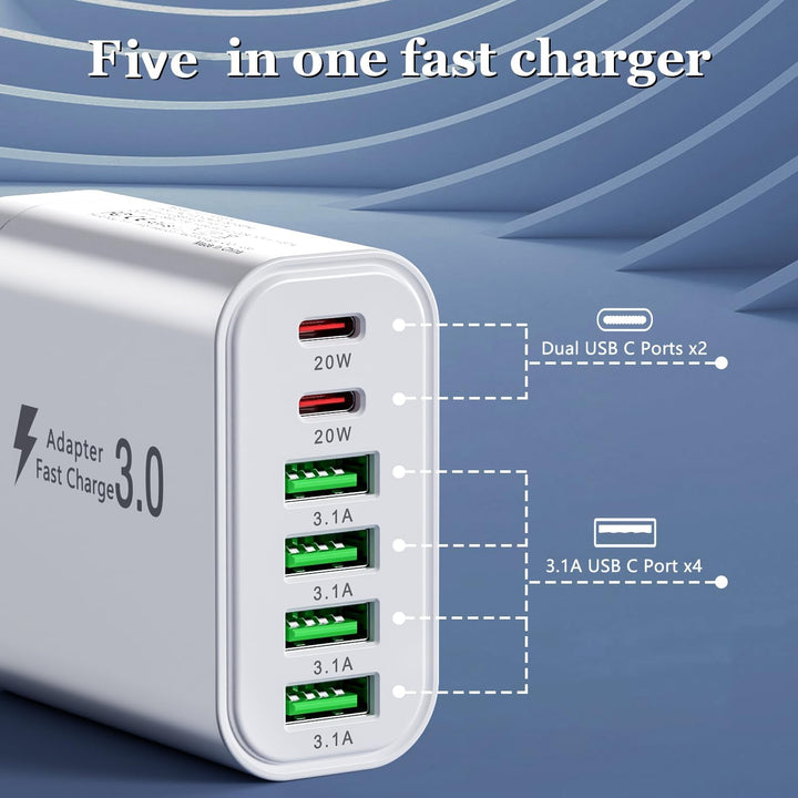 USB C Ladegerät, Multi Port Ladestecker, 52W 6-Port Ladeblock, Dual PD Schnellladegerät, USB C Wandl
