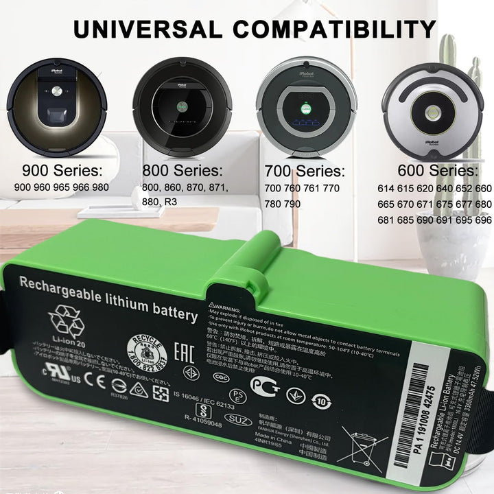 XITAIAN 3300mAh 14,4V 47,52Wh Akku Ersatz 4376392 1800LI Kompatibel mit iRobot Roomba 980 966 965 96