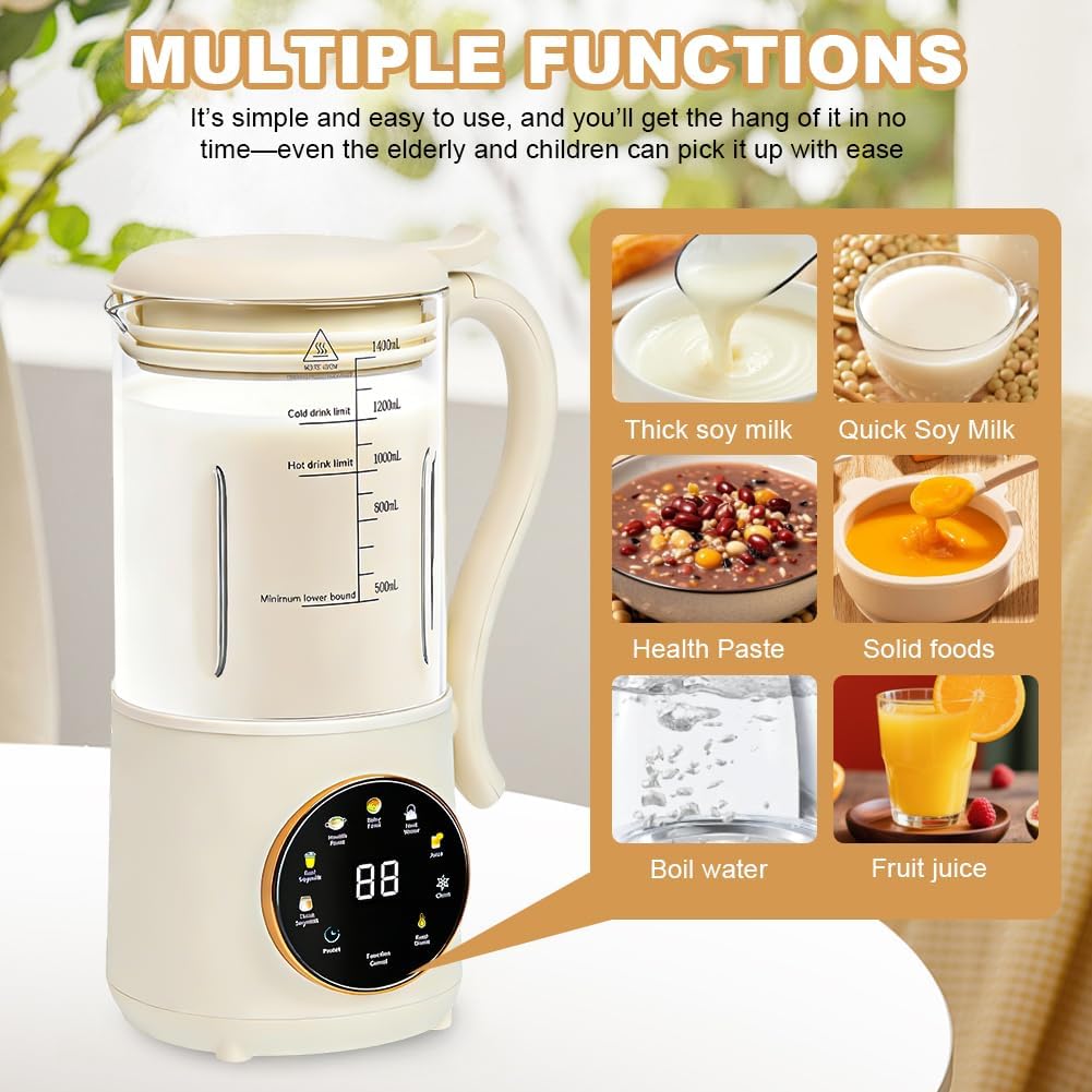 Nussmilch Maschine 1400ml, Hafermilch Maschine mit 16 Klingen & 9 Funktionen, LED Anzeige, Sojamilch