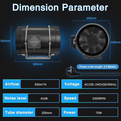 Aygrochy 200mm Inline-Rohrventilator mit variabler Geschwindigkeitskontrolle, Abluftventilator für H
