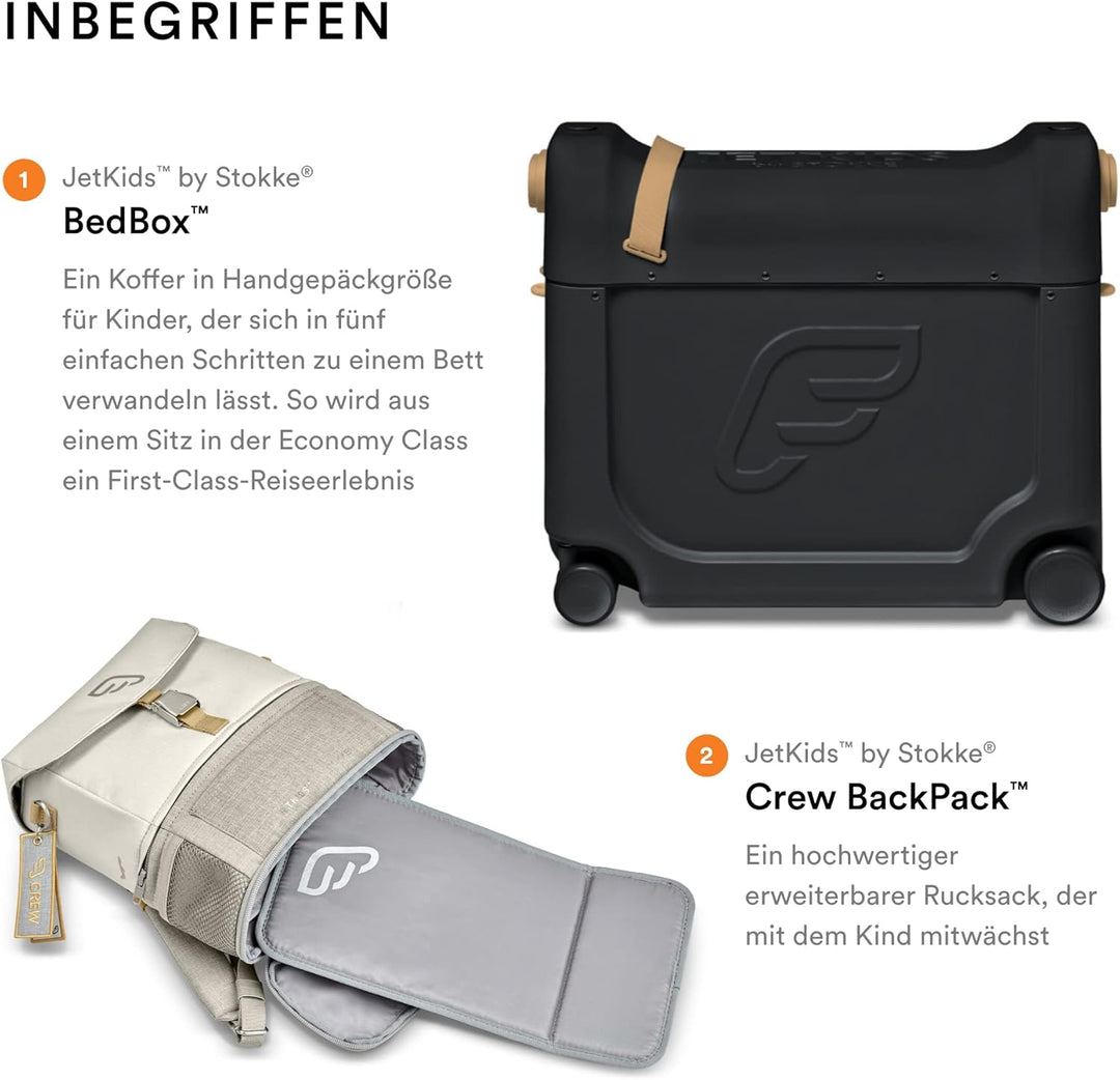 Stokke JetKids Reiseset, Black - Enthält den BedBox Aufsitzkoffer & das Backpack - Ideal für Kinder