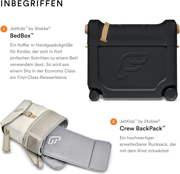 Stokke JetKids Reiseset, Black - Enthält den BedBox Aufsitzkoffer & das Backpack - Ideal für Kinder