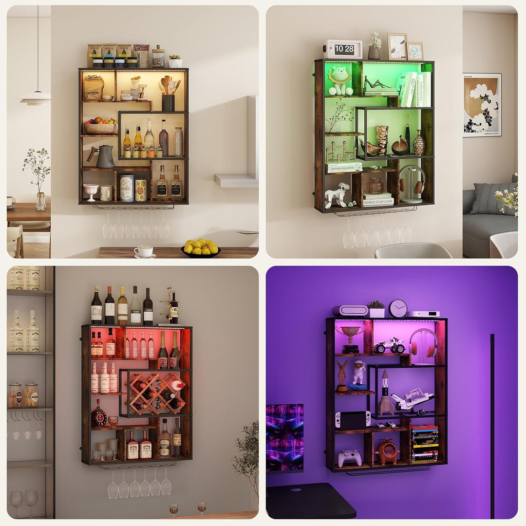 YOURLITE Weinregal Wand mit LED-Beleuchtung Metall,Bar Regal mit Glashalter,Wandmontage Wine Display