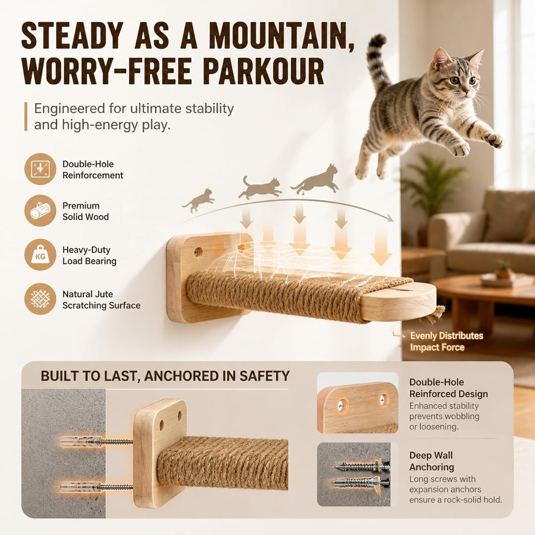 Katzentreppe Wand 2er-Pack, Katzenleiter aus Massivholz mit Juteseil, Kletterwand Katzen, Kratzfunkt