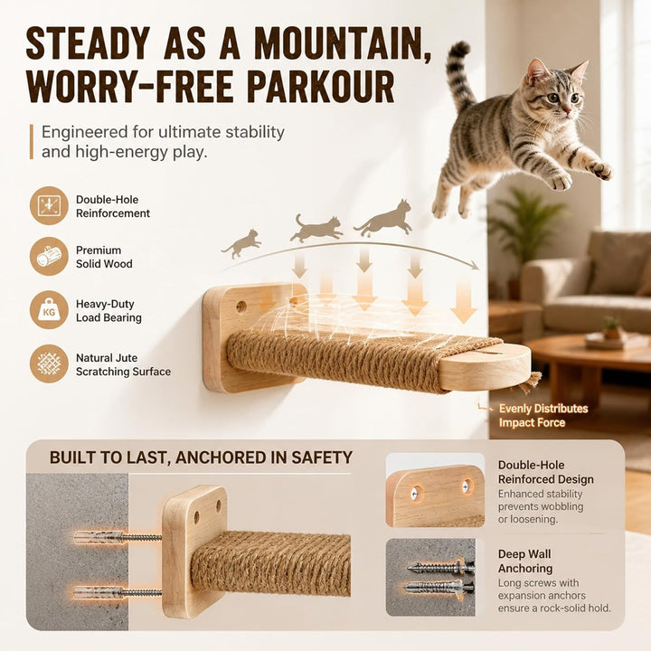 Katzentreppe Wand 2er-Pack, Katzenleiter aus Massivholz mit Juteseil, Kletterwand Katzen, Kratzfunkt