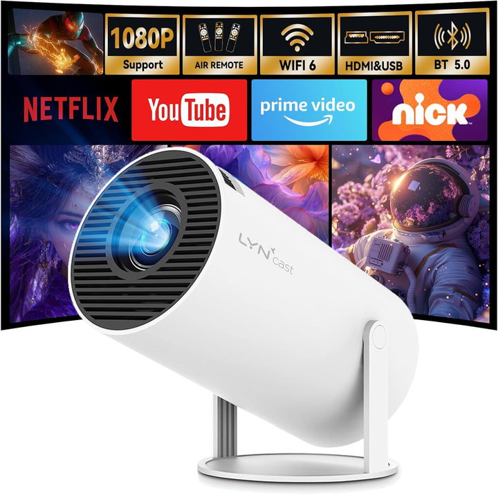 Mini Beamer mit Android TV mit Bluetooth & WiFi 6, Auto Keystone Portable Projektor, 180° Rotation,