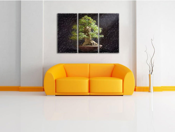 Pixxprint Kleiner Bonsaibaum Bunstift Effekt 3-Teiler Leinwandbild 120x80 Bild auf Leinwand
