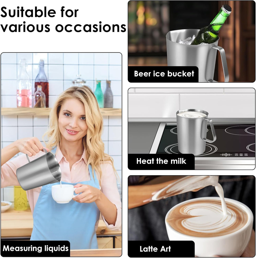 2L Milchkännchen Edelstahl,Handheld Milchschaumkännchen,Milchaufschäumkrug mit Deckel und Markierung
