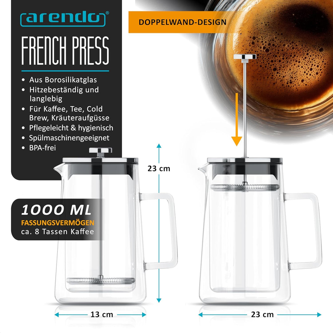 Arendo - French Press 1 Liter – Kaffeepresse - Thermo Doppelwand Design - aus Glas - Kaffeebereiter
