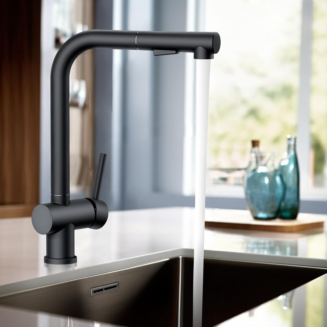 FORIOUS Küchenarmatur Schwarz, Wasserhahn Armatur Küche Ausziehbar Brause Edelstahl, Einhebel Mischb