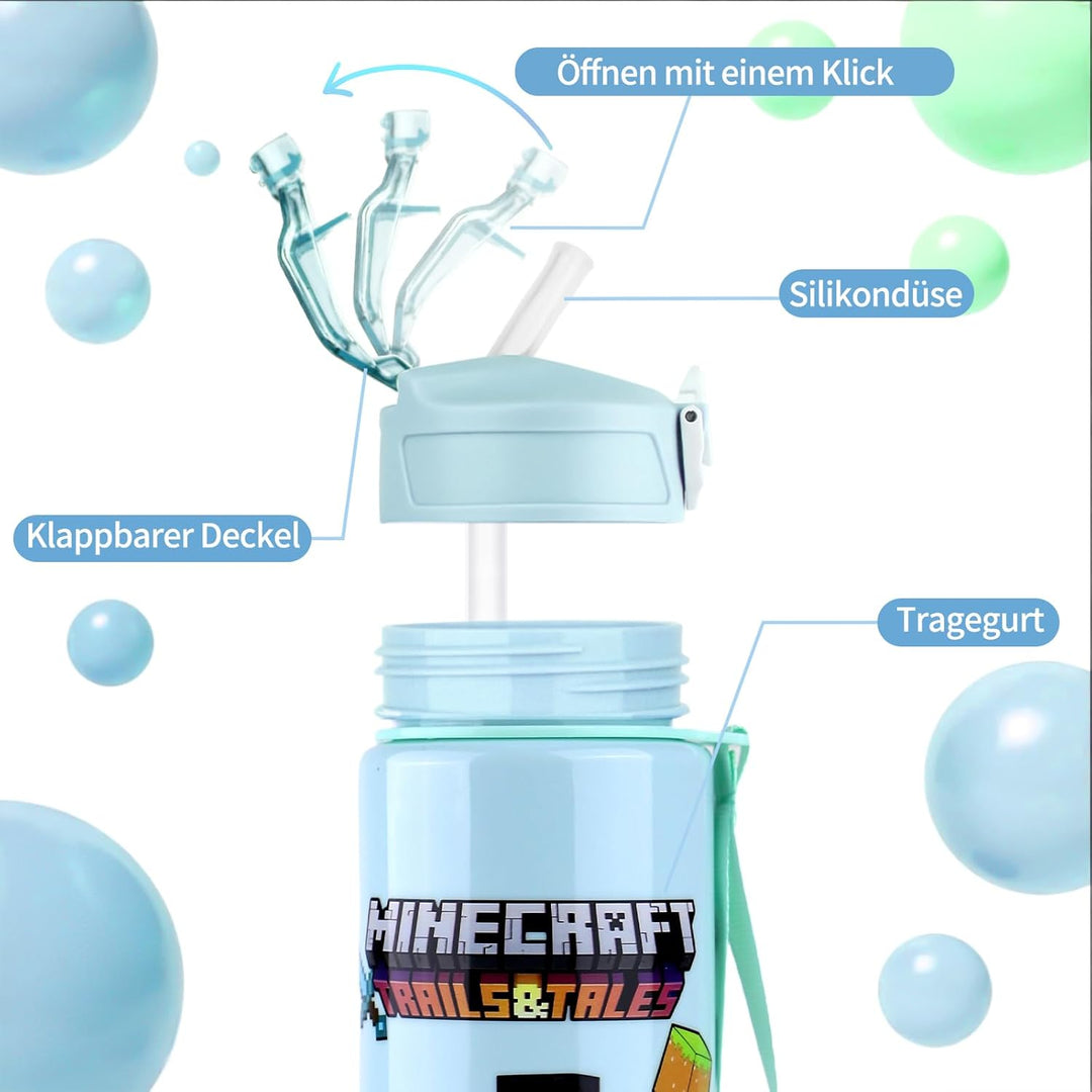 700 ml Trinkflasche mit Strohhalm – Doppelseitiges Cartoon Motiv, auslaufsicherer Trinkbecher mit De