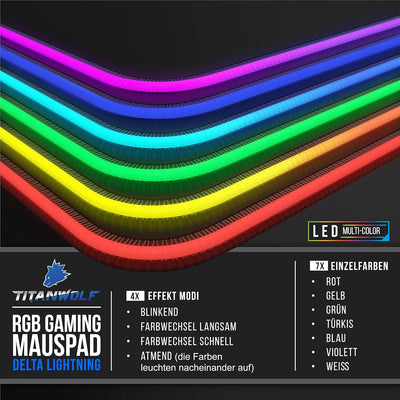 TITANWOLF - RGB Gaming Mauspad LED Schreibtischunterlage 800x300 mm XXL Mousepad LED Multi Color 11