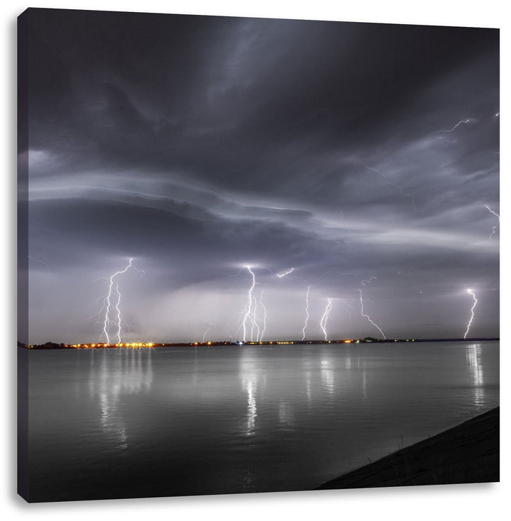 Pixxprint viele Blitzeinschläge über Stadt als Leinwandbild/Grösse: 70x70 cm/Wandbild/Kunstdruck/fer