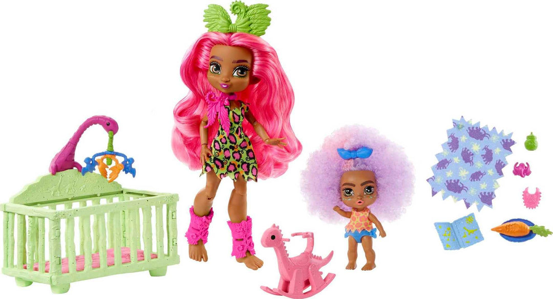 Mattel Cave Club GNL92 - Cave Club Wilder Babysittingspass Spielset mit 2 Puppen und Zubehör, für Ki