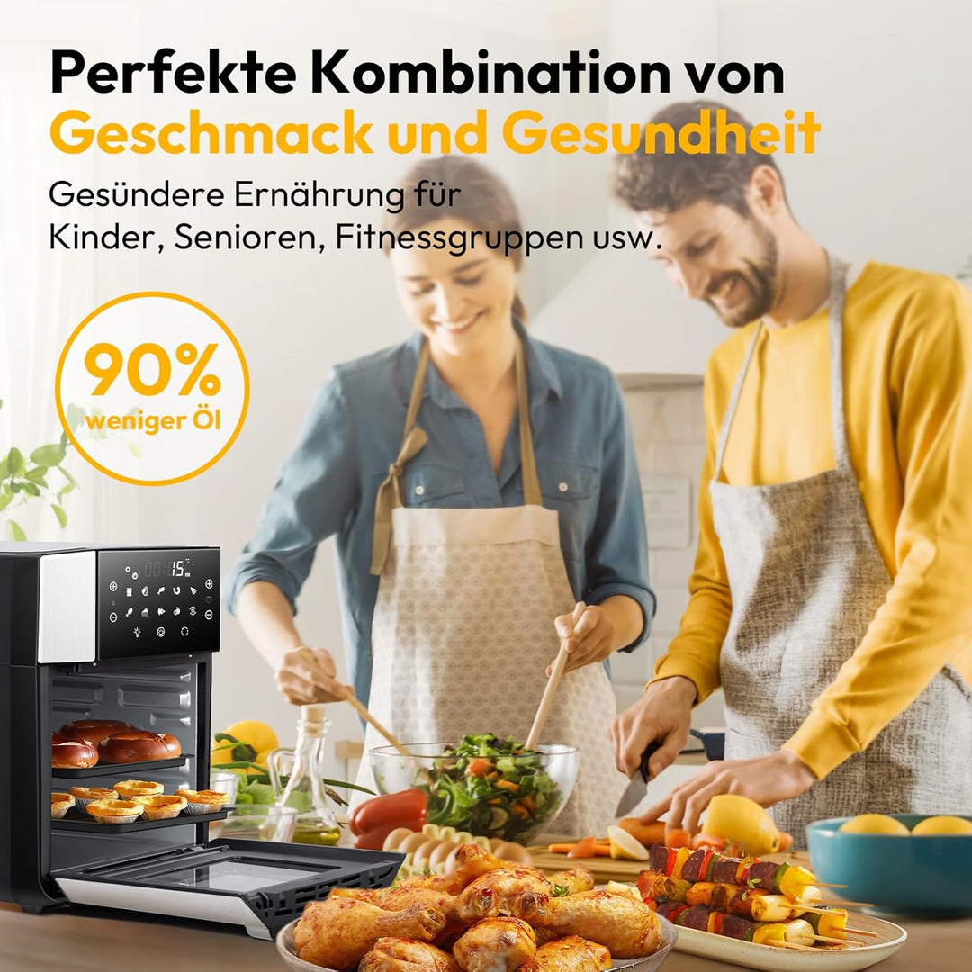 LLIVEKIT 15L Heissluftfritteuse, Heissluft-Backofen 90% weniger Öl, Air Fryer XXL 1800W, 10 in 1 Min