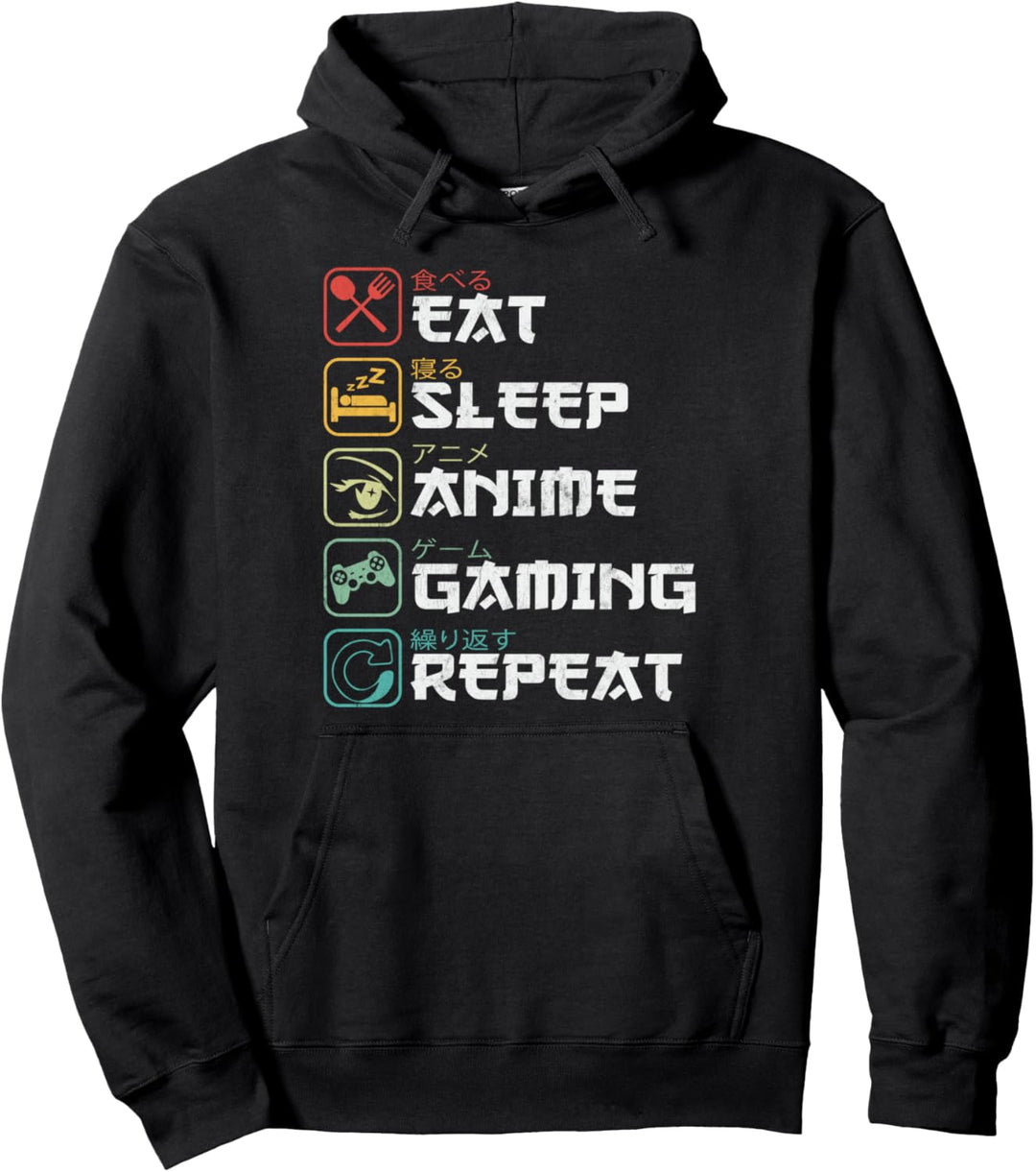 Eat Sleep Anime-Gaming-Wiederholung, Retro-Otaku-Anime-Manga Pullover Hoodie