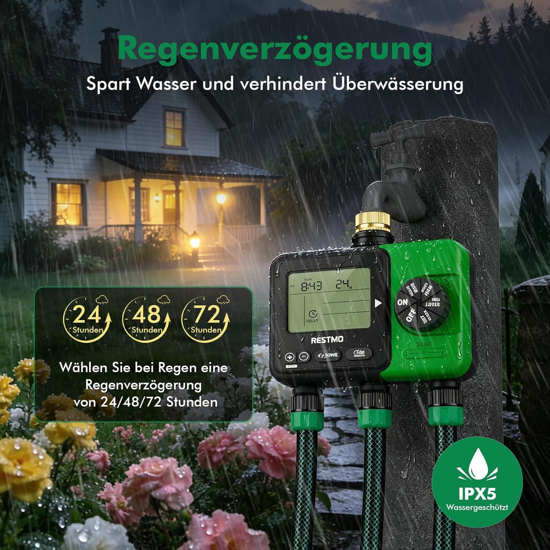 RESTMO 3 Zonen Bewässerungscomputer, grosses Display bewässerungsuhr, automatisch/manuell/Regenverzö