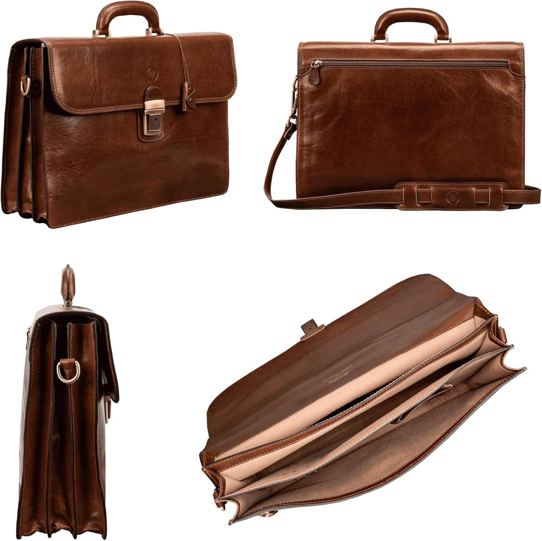Maxwell Scott Klassischer Herren Leder Aktenkoffer Paolo3 in Cognac Braun, Cognac Braun