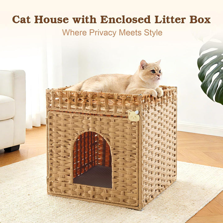 Geflochtenes Rattan-Katzentoiletten-Möbel mit Matte und Zaun, verstecktes Design, 47 x 50 x 48 cm, N