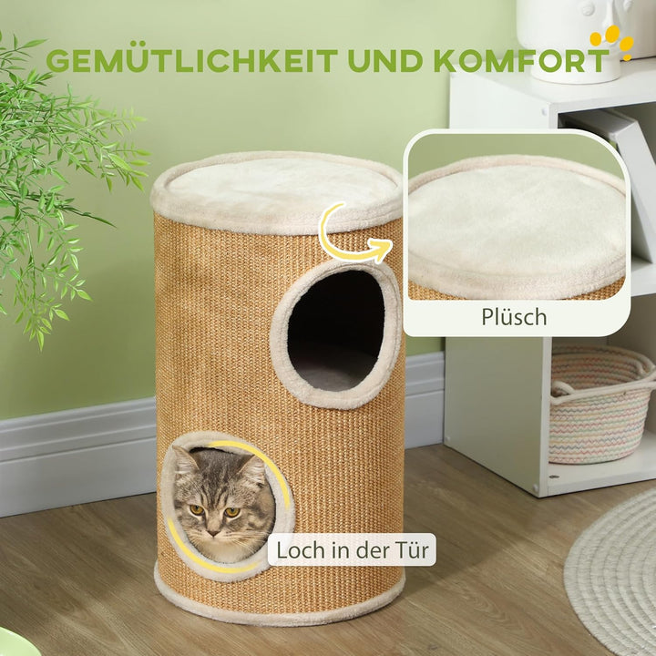PawHut Kratztonne 60 cm Hoch Ø 35 cm zweistöckige Katzentonne mit Plüschrand, Katzenhöhle, Kratzbaum