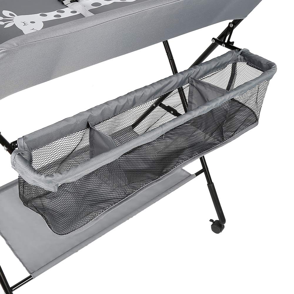 Baby Wickeltisch Klappbar, Höhenverstellbare Wickelkommode mit Sicherheitsgurt und Stauraum, Tragbar