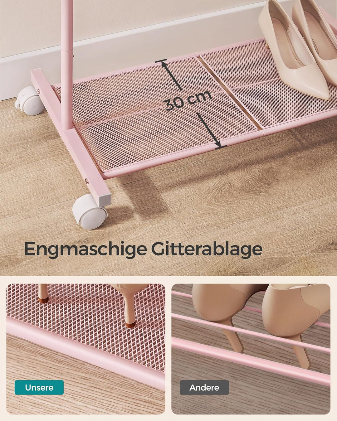 SONGMICS Kleiderständer, Kleiderstange auf Rollen, Garderobenständer 74 cm breit, Rollgarderobe mit