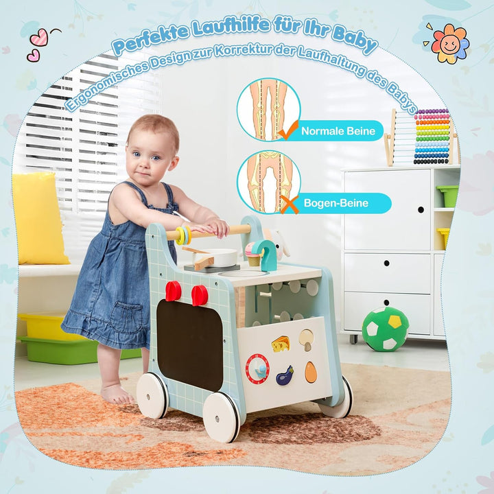 COSTWAY 6 in 1 Lauflernwagen aus Holz, Lauflernhilfe mit Spielküche, Lernuhr, Formanpassung & bewegl