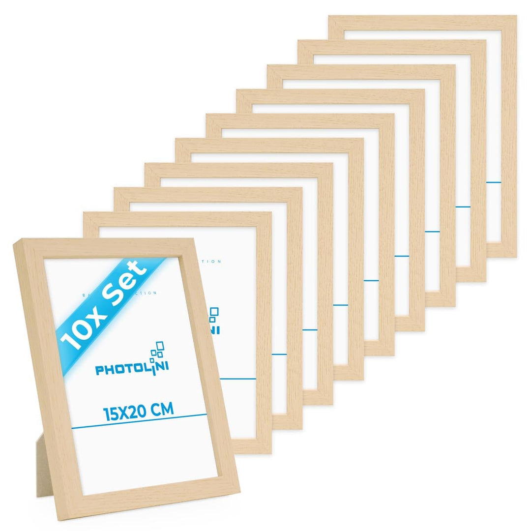 PHOTOLINI Bilderrahmen 15x20 Holz MDF Natur, 10er Set Bilderrahmen 20x15, Picture Frame mit Acrylgla