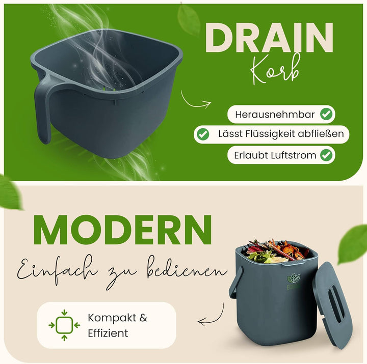 EcoBio Biomülleimer Küche - 7L Komposteimer Küche mit Deckel & Griff – Geruchsdicht & Spülmaschinenf