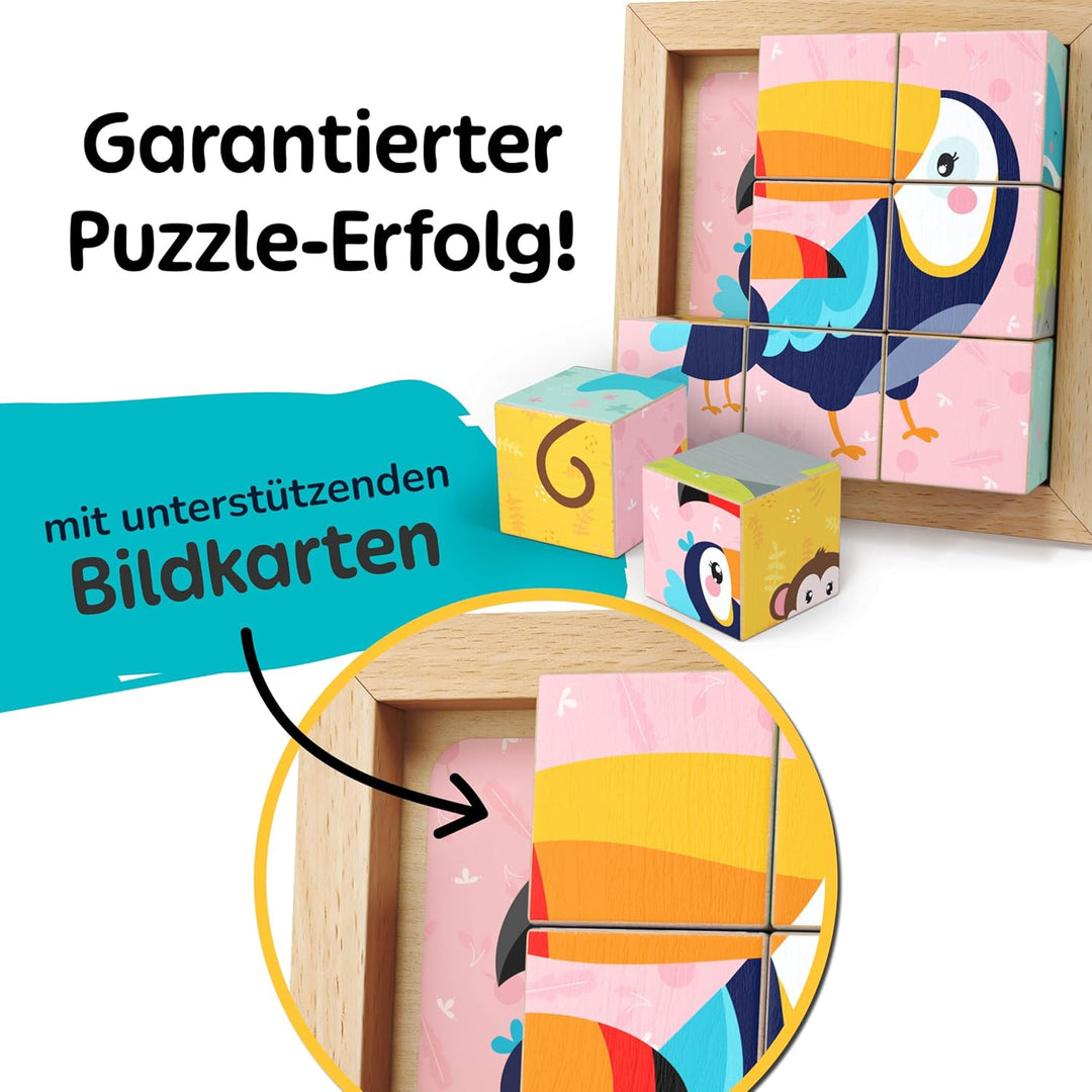 Merle Toys® 6-in-1 Würfelpuzzle ab 2 Jahre aus 100% Öko-Buchenholz, Würfelpuzzle ab 3 Jahre, Bilderw