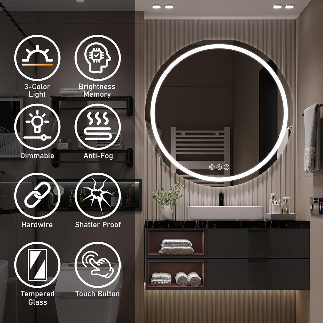 70cm Badezimmerspiegel mit Beleuchtung, Runder Spiegel mit Beleuchtung, Wandspiegel mit Frontbeleuch