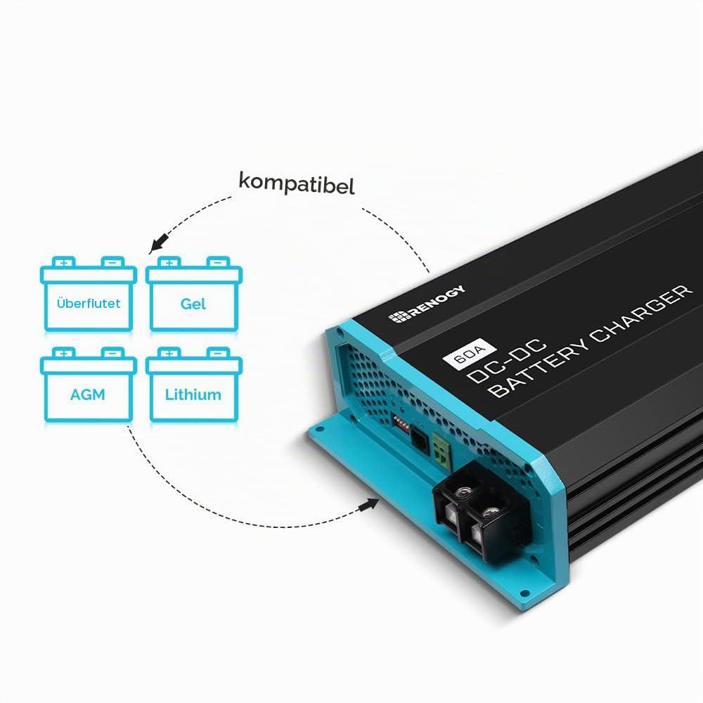 Renogy 60A DCDC Batterieladegerät, 12V Solarenergie Ladegerät, AGM, Flooded, Gel, and Lithium Batter