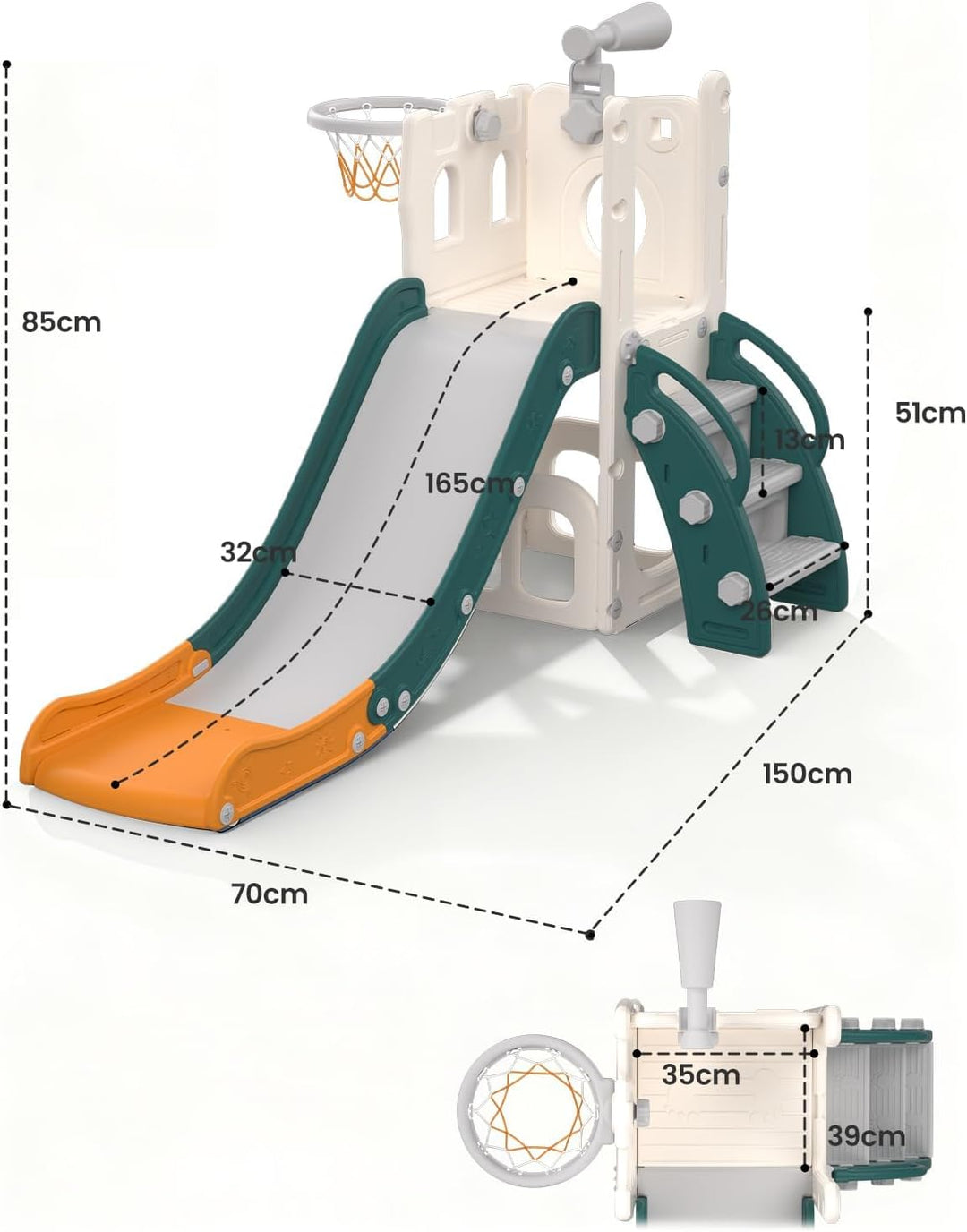 Rutsche für Kleinkinder mit Basketballkorb, Ball &amp; Spielzeug-Teleskop, Indoor &amp; Outdoor Spielplatz S